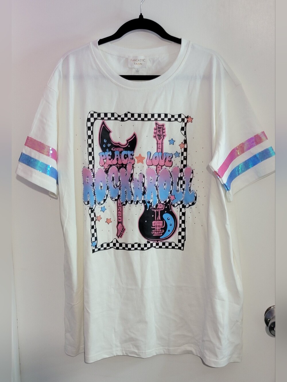 Fantastic Fawn Oversized "Peace Love Rock & Roll" White Graphic Tee NWOT